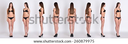 Many woman figures  fill length from all angles in black underwear in studio with grey background. Not object.