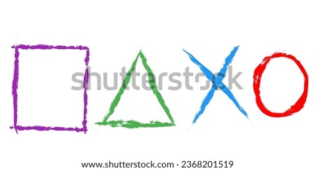 playstation glitch colored cross triangle circle square design game symbol game symbol on white background scribble style, sketch, hand drawn art
