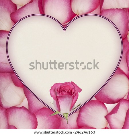Rose Petals with Rose and Heart Copy Space.Red and white rose petals frame a heart shaped copy space with red and white rose accent and embossed border.