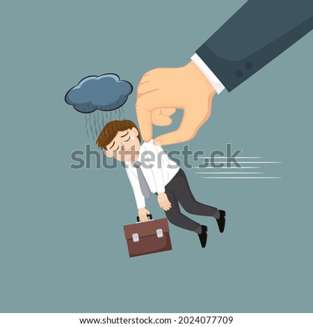 Big hand dropping off a businessman with briefcase, Boss kicked out employee office image, illustration vector cartoon