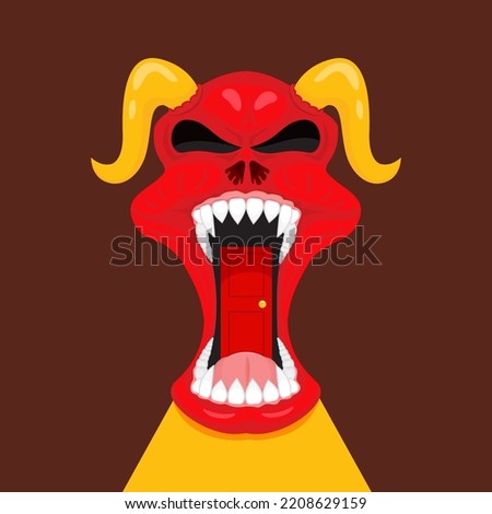 A scary door in the dark shaped like a devilish face that opens its mouth,illustrator vector cartoon drawing image painting
