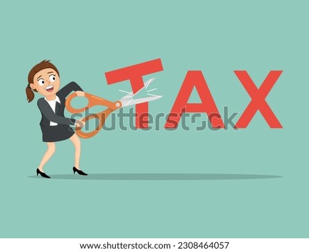 Businesswoman with scissors cutting big tax letter, illustration vector cartoon