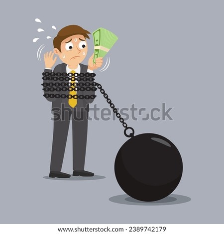 Businessman holding cash money in hand bound by a wide metal chain which locked to iron ball, Failure in business concept, illustration vector cartoon. 