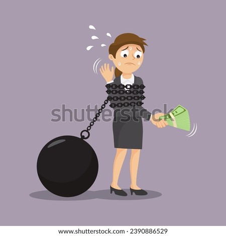 Businesswoman holding cash money in hand bound by a wide metal chain which locked to iron ball, Failure in business concept, illustration vector cartoon.  
