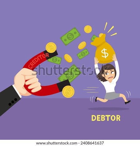 Big hand creditor uses a magnet to attract receive money from a female debtor. Concept pay off debt.illustration vector cartoon.