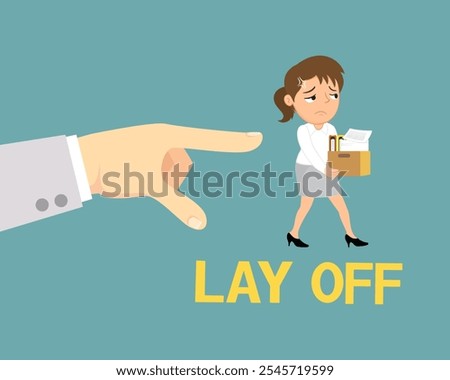 Businesswoman Fired Laid Off Work. Lay off Jobless Concept. Flat, Vector, Illustration, Cartoon, EPS10. 