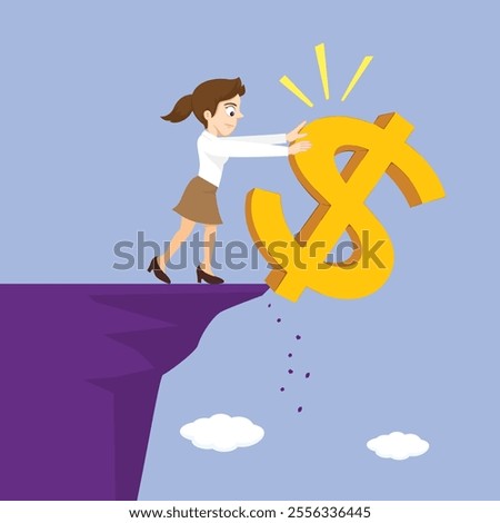 Business woman is pushing the dollar sign to fall off cliff. Bearish trend on financial market. Flat, Vector, Illustration, Cartoon, EPS10.   