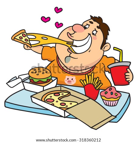 Fat Man Eating A Tray Full Of Fast Food, Illustration - 318360212 ...