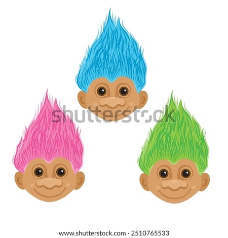 Three trolls with blue green and pink hair