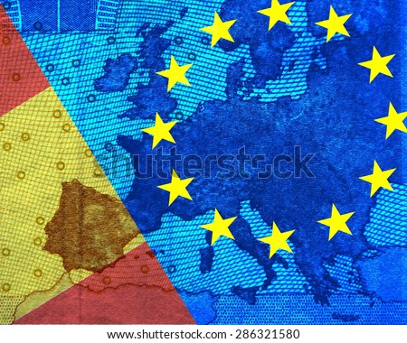 Spanish debt crisis -\
Spanish and European flag with the star ring, translucent the map of Europe