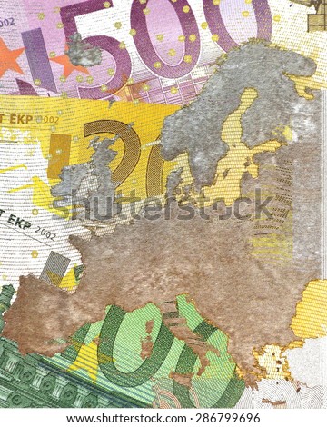 Monetary Union Europe - Map of Europe (partially translucent) before euro banknotes