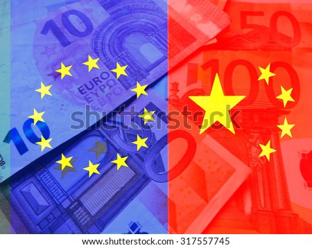 Europe and China â??\
Through the European and Chinese flag euro bills are shining