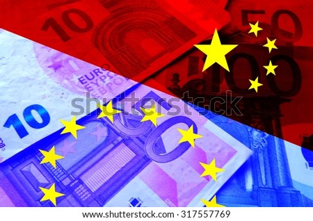 Europe and China â??\
The European and the Chinese flag divide the image diagonally. Euro notes shine through.