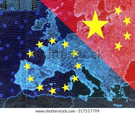 Europe and China â??
The map of Europe is shining through the transverse flags of Europe and China.