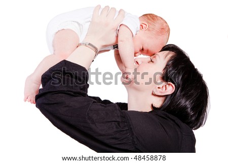 New born with mother on white background