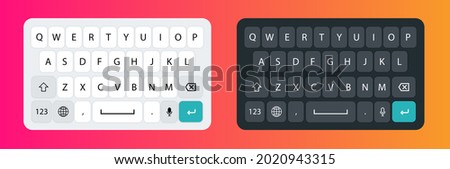 Smartphone keyboard in light and dark mode. Keypad alphabet buttons in modern flat style. Screen smartphone keyboard with black and white colors. 