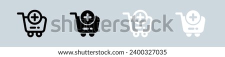 Add cart icon set in black and white. Checkout signs vector illustration.