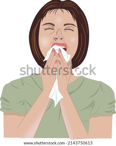 A young woman is about to sneeze and covering her nose and mouth with a handkerchief or tissue. Cartoon vector illustration. 