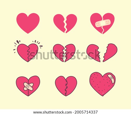 Cartoon Heart Set, Broken Heart and Crack Fixed with Bandage. Breakup and Heartbreak symbol.