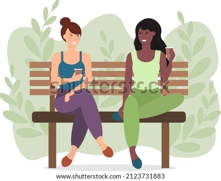 Two women sitting on bench vector illustration. Women holding cups drinking tea or coffee, communication meeting, people smiling, girlfriends couple sitting together outdoor in a park. 