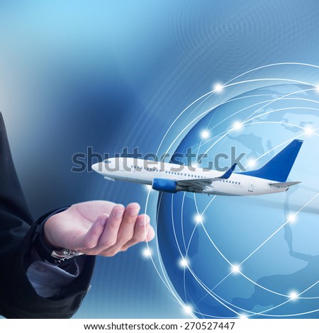 Airplane on hand with World Map and Globe icon