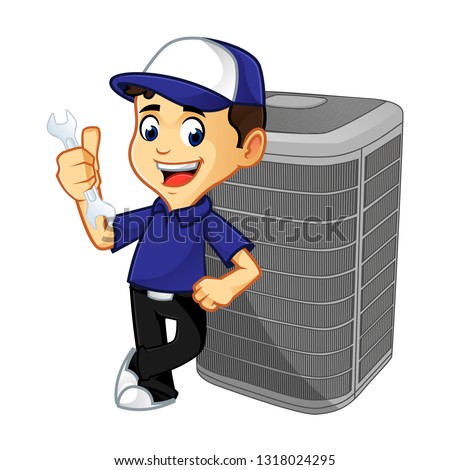 Hvac Cleaner or technician leaning on air conditioner cartoon illustration, can be download in vector format for unlimited image size Stock photo © 