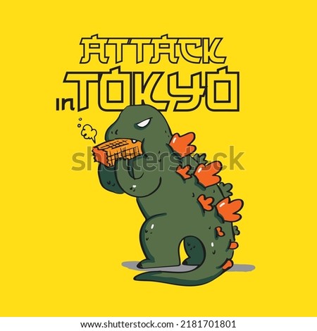 Dinosaur Comically eating and destroying city in tokyo