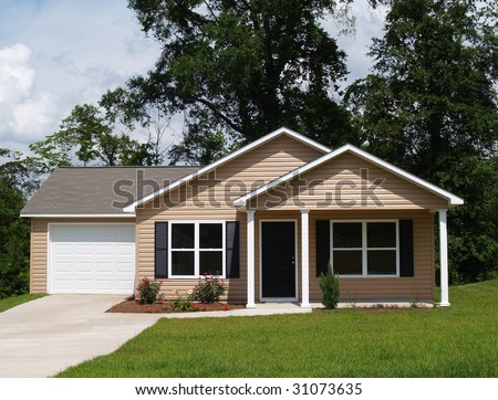One story residential low income home with vinyl siding on the facade.