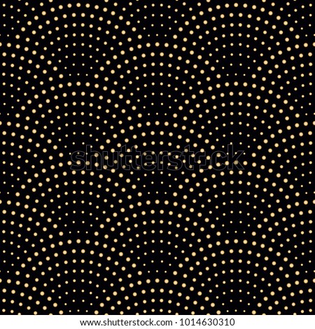 Vector abstract seamless wavy pattern with geometrical fish scale layout. Metallic gold circles on a dark black background. Fan shaped garlands .Wallpaper, textile patch, wrapping paper, page fill