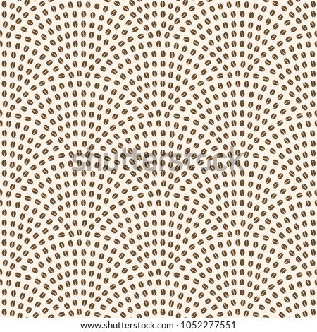 Vector abstract seamless wavy pattern. Geometrical fish scale layout. Brown coffee beans on a beige background. Fan shaped coffee placer. Wrapping paper, page fill, menu decoration