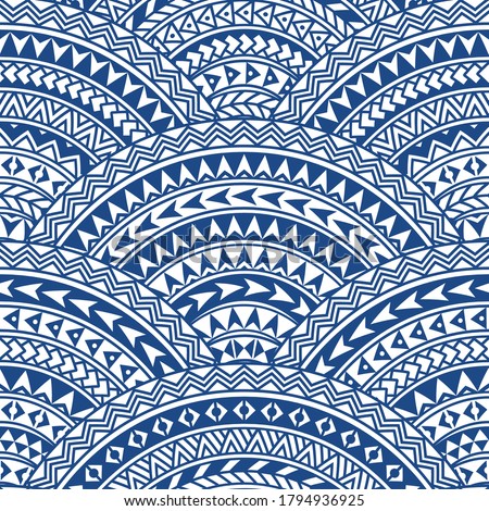 Seamless pattern with geometrical wavy fish scale layout. Maori geometrical ornaments, blue and white stripes. Wallpaper, wrapping, chintz print, Batik paint. 29 pattern brushes in the brush palette