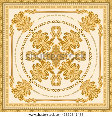Baroque silk bandana print on a light beige background. Fashionable pattern gold chains, scrolls. Scarf, neckerchief, kerchief, silk textile patch, carpet. 7 pattern chain brushes in the palette