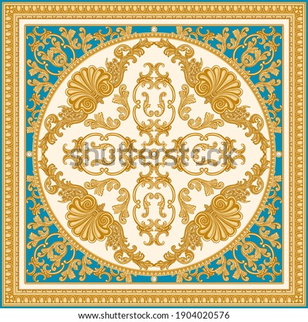 Vector carpet print on a beige and turquoise background. Fashionable pattern from gold carved frames, Baroque scrolls, Rococo shells. Scarf, shawl, neckerchief, rug. 3 pattern brushes in the  palette