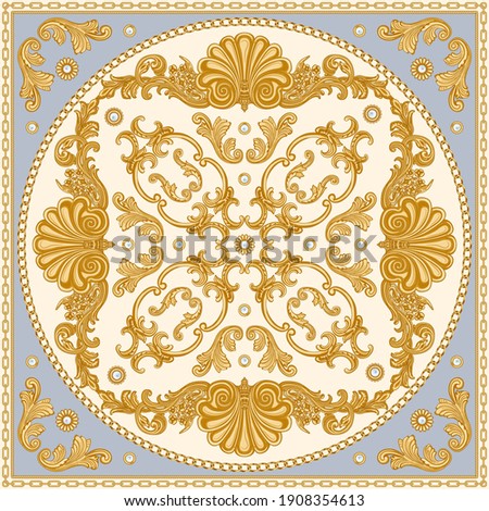 Bandana print on a beige and blue background, Gold chains and cables, Greek beads frieze, Baroque scrolls and pearl oyster shell. Scarf, neckerchief, kerchief, carpet, rug, mat