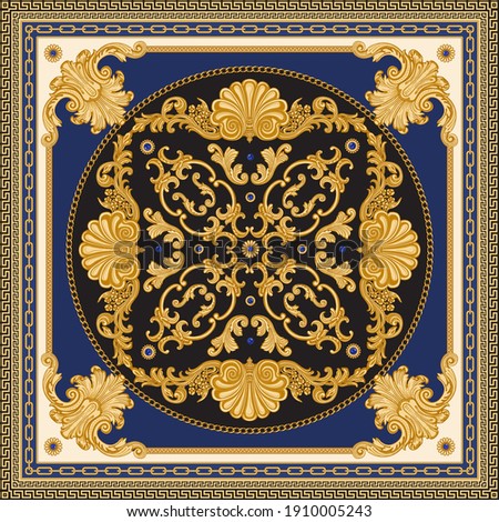 Bandana print on black and blue background, Gold chains and cables, Greek meander frieze, Baroque scrolls, Rococo sea shells and sapphire jewelry gem stones. Scarf, neckerchief, kerchief, carpet, rug