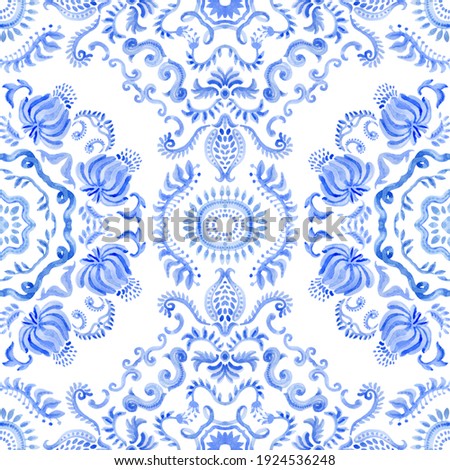 Watercolor painted Spanish tile with hand drawn Baroque and floral indigo blue ornaments in Mediterranean majolica ceramic painting style. Wallpaper décor, batik, carpet print isolated on a white back