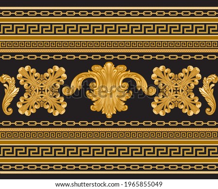 Seamless border pattern print on a black background, Gold chains and cables, Greek Meander frieze, Baroque scrolls and golden pearl shell. Scarf, neckerchief, kerchief, carpet, rug, mat frieze