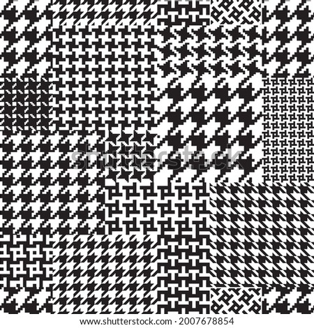 Black and white patchwork seamless pattern from small squares. Hounds tooth halftone print, Chicken feet, pied-de-poule pattern background