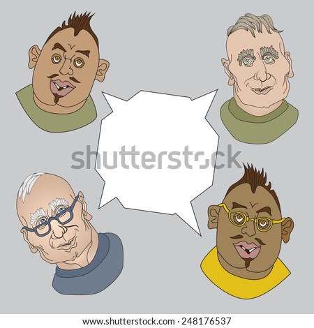 Vector sketchy cartoon people with speech bubbles . Four men