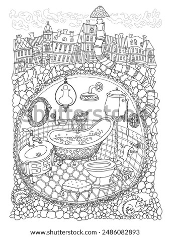 Fairy tale medieval town street and underground Dragon cave with bathroom. Vector thin line illustration for coloring book