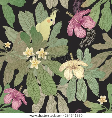 Vector seamless floral pattern from hand drawn hibiscus flowers, yellow Australian parakeet, and fantasy tropical foliage on dark background