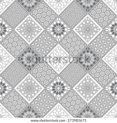 Vector abstract seamless patchy pattern from dark grey and white geometric Oriental ornaments, stylized stars and radial rosette on light gray background