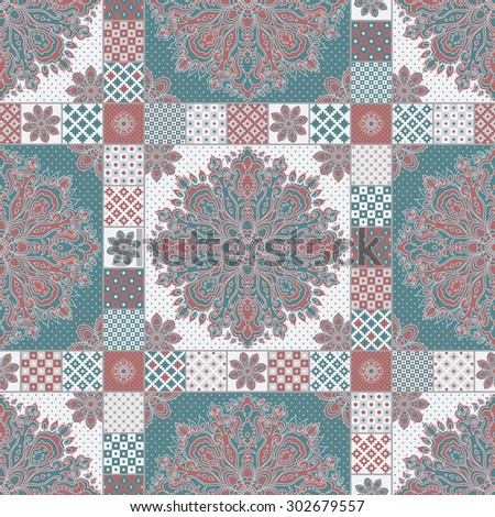 Abstract seamless patchwork background from dark green, terracotta and light grey oriental ornaments,  dot patterns, rosette from stylized flowers and leaves. Geometrical decorative  textile print