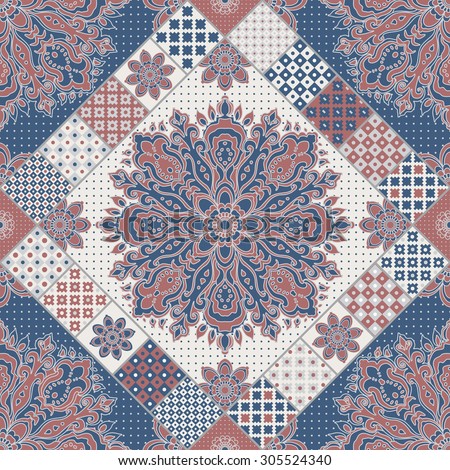 Seamless patchwork pattern from dark blue, terracotta, beige and light grey oriental ornaments, polka dot patterns, Indian style decorative rosette from stylized flowers and leaves. Textile print