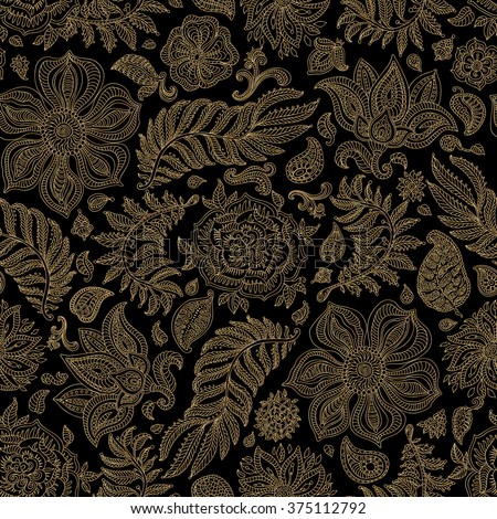 Abstract vector floral seamless pattern. Exotic Paisley elements, fantastic flower, leaves. Light beige gold wire contour line. Fairy foliage on black background. Textile bohemian  print. Batik paint