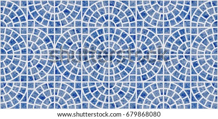 Abstract vector seamless geometrical pattern with blue watercolor texture on a light grey background. Floor tile, wallpaper, wrapping paper, page fill in Mediterranean ceramic style