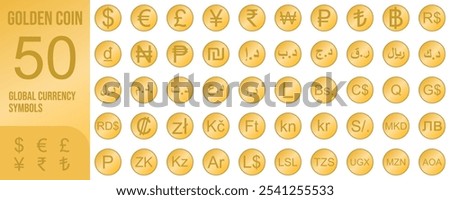 Golden Coin with 50 Global Currency Symbols Vector Design