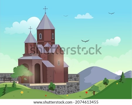 Vector illustration of a church for the design of religious architecture. Church with cross, chapel, fence, trees. Smooth summer landscape. St. Hovhannes the Apostolic Church of Armenia (Koghb). 