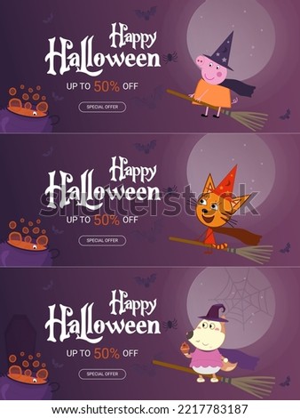 Happy Halloween  with a wizard-like Peppa, Suzy, and Caramelka