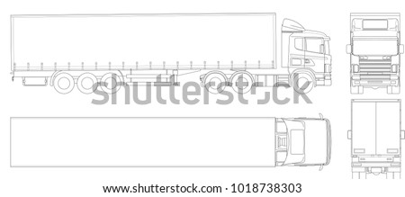 Vector truck trailer outline. Commercial vehicle. Cargo delivering vehicle. View from side, front, back, top.